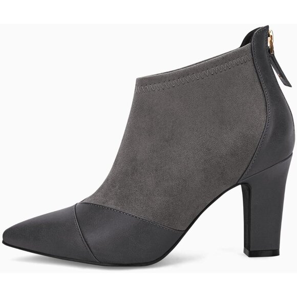 Women's Grey Dress Boots Pointed Toe Stiletto High Heel Splicing Booties - Picture 4 of 6